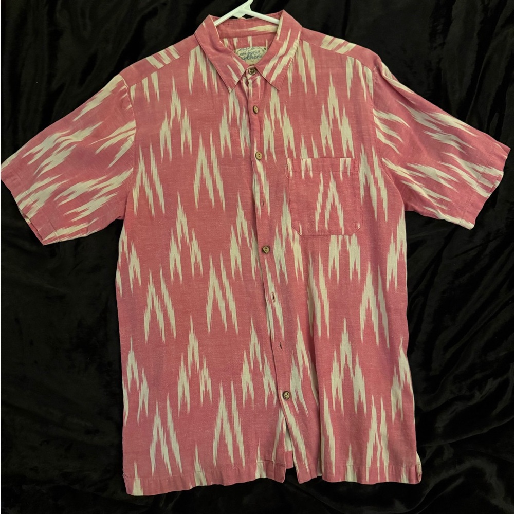 Casual Pink and White Button Down Shirt with Ikat Pattern